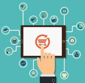 A finger tip is clicking on an icon displayed on a tablet and many different icons connected to the tablet from the outside